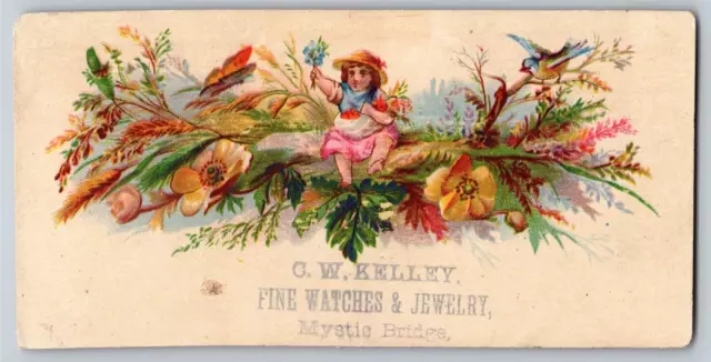 C.W. Kelley Mystic Ridge Watches Jewelry  Victorian Trade Card Girl w/ Flowers