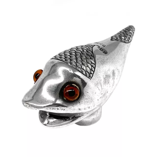 1902 Edwardian Sterling Silver Brigg FISH Walking Stick Cane Handle GLASS EYES