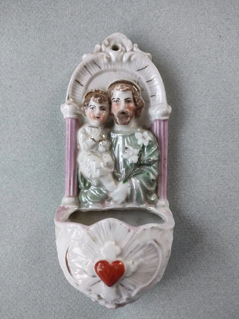 Acquasantiera in Biscuit Vintage san Giuseppe con Gesù Bambino, h 16 Cm