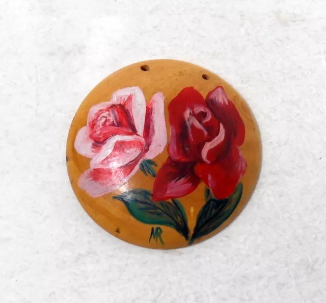 Très gros Bouton ancien - Bois décor aux roses peint - Mercerie vintage