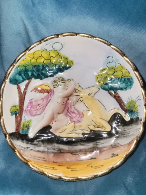Vintage Mid Century Signed Italian Dish Plate Hand Painted Cupid Cherub Pottery