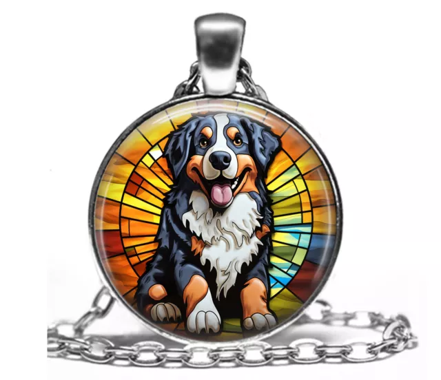 Faux Stained Glass Bernese Mountain Dog Mom Lover Gift Pendant Necklace 24"