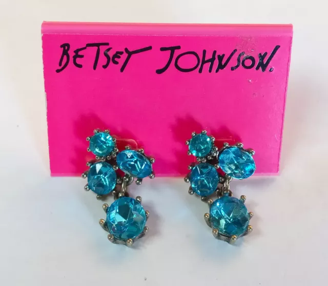 Vintage Betsey Johnson Blue Crystal Rhinestone Dangle Earrings - NOS NEW