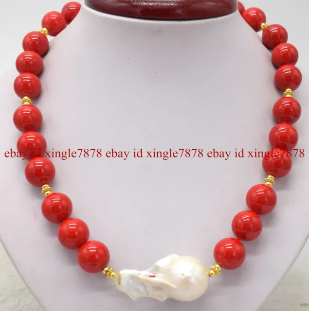 Fashion 12mm South Sea Red Coral Baroque White Keshi Pearl Necklace 16-28"