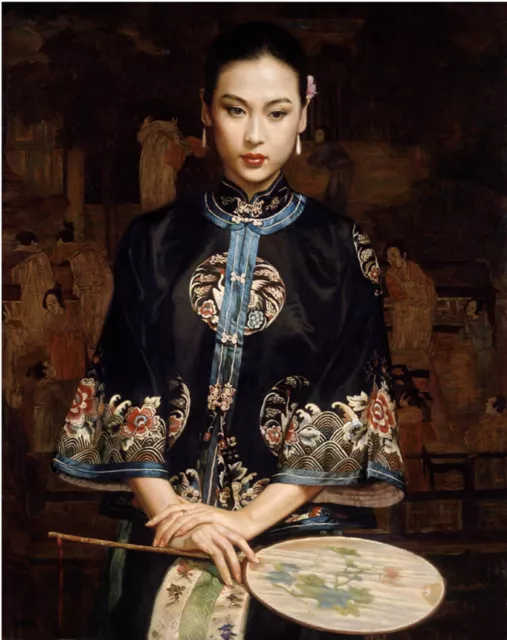 Art Oil painting Chinese Qing Dy noblelady portrait with fan standing on canvas
