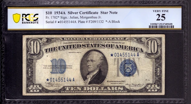 1934 A $10 Silver Certificate Star Note Fr.1702* Pcgs B Very Fine Vf 25 (144A)