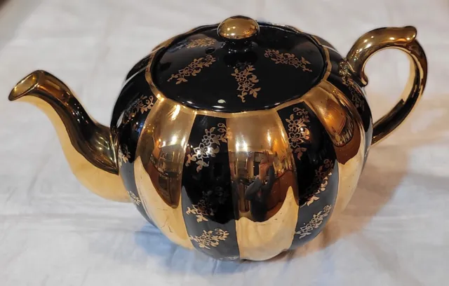 Gibson Staffordshire of England Vtg Mid Century Teapot Black/Floral Gold Gild