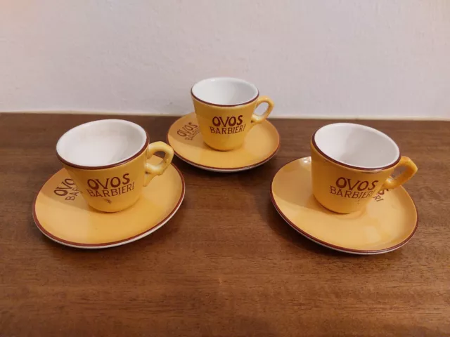 3 Tazzine pubblicitarie con piattino OVOS BARBIERI ceramica anni 40