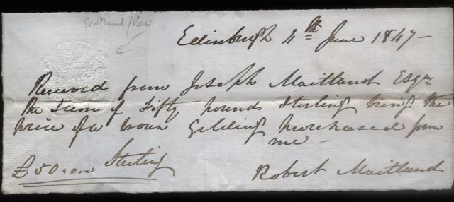 1847 EDINBURGH RECEIPT FOR GELDING HORSE, JOS. & ROBt MAITLAND, WITH IMP REVENUE