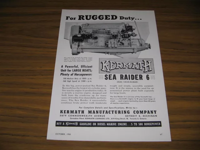 1950 Print Ad Kermath Sea Raider 6 Marine Motors Made in Detroit,MI
