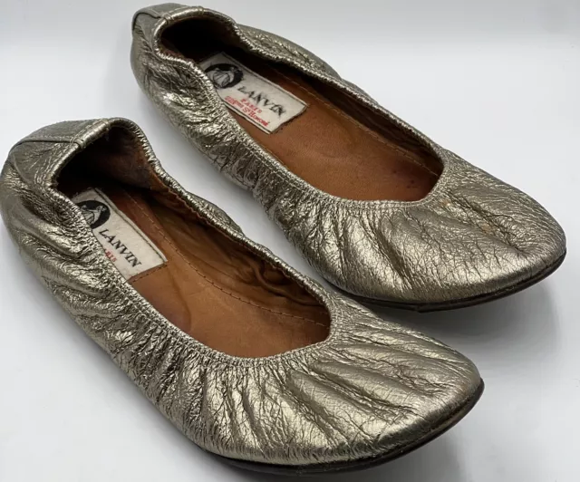 Lanvin Paris Womens Leather Slip On Metallic Ballet Flats Gold Brown Sz.6.5 36.5