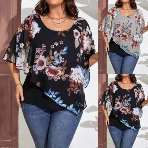 Womens Floral Chiffon Tunic Tops Ladies Summer Casual Loose T Shirt Plus Size 28