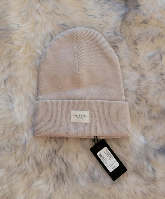 NWT RAG & BONE ADDISON MERINO WOOL BLEND BEANIE HAT KNIT Beige UNISEX LOGO $95