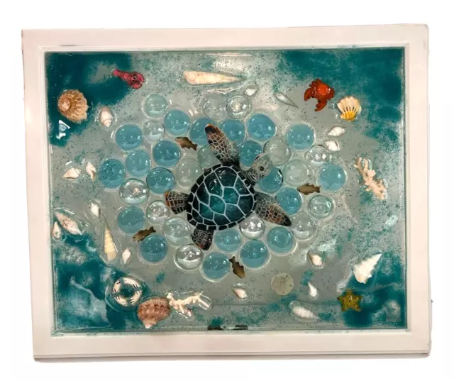 Sea Turtle Seashells Glass Window Panel Sun Catcher, Hand Made Beach Coastal Art
