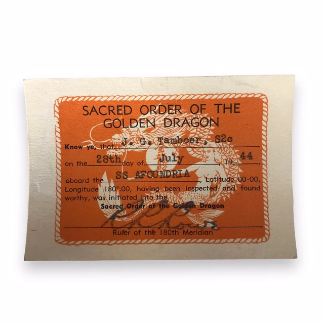 1944 SACRED ORDER GOLDEN DRAGON Card US NAVY J.G. Rambler, S2c - SS