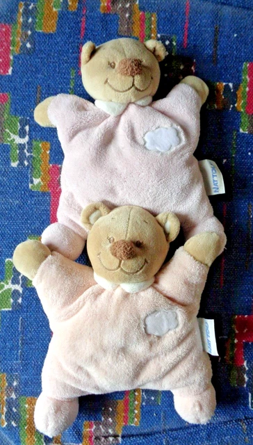 3Pa / Lot De 2 Doudou Semi Plat Grelot  Nattou Ours Rose Blanc Nuage Tbe