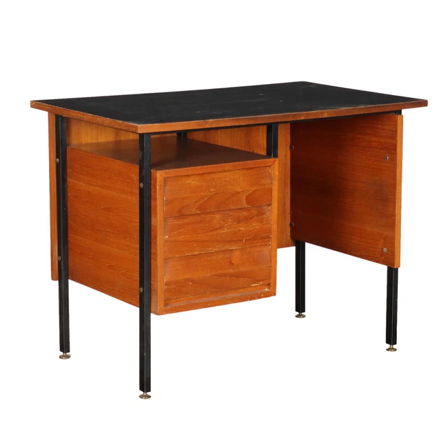 Scrivania Vintage Anni 60 Impiallacciatura di Teak Metallo Smaltato