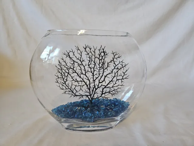 New Mini Glass Oblate Fish Bowl Kit Small Fish Tank Blue Aquarium Decor Stones