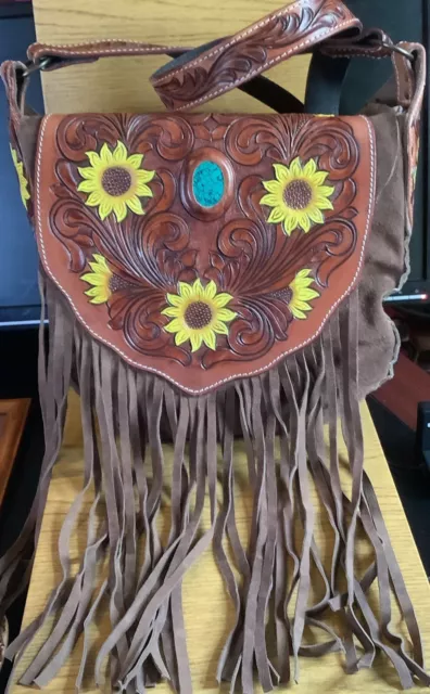 American Darling Suede/ Leather Tooled Sunflower Crossbody