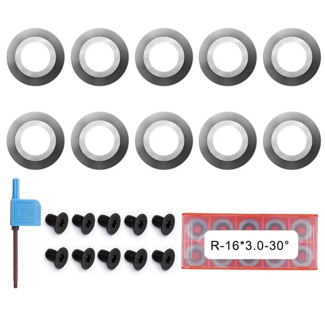 Lot De 10 Inserts Ronds Carbure 16mm Pour Tour à Bois - Angle 30°, Avec Vis Et Clé