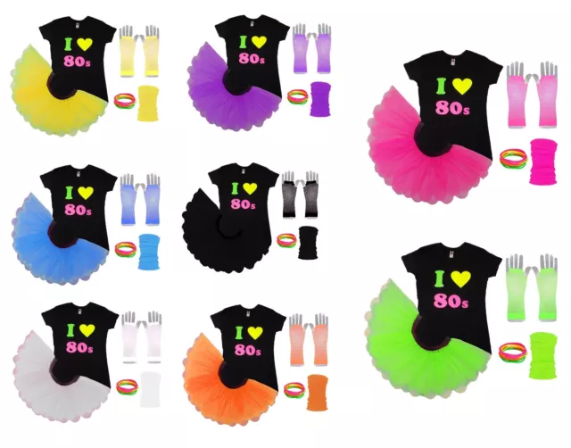 NEON TUTU SKIRT TSHIRT GLOVES LEG WARMER SET WITH NAME 80s FANCY DRESS COSTUME