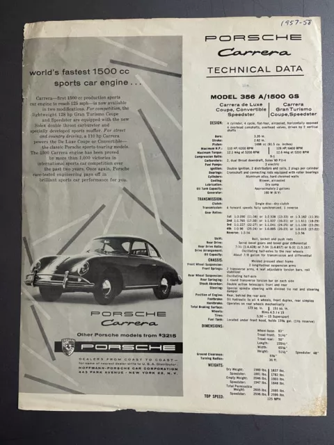 1955 Porsche 356A Carrera M&M 87 Showroom Advertising Sheet / Brochure - RARE!!