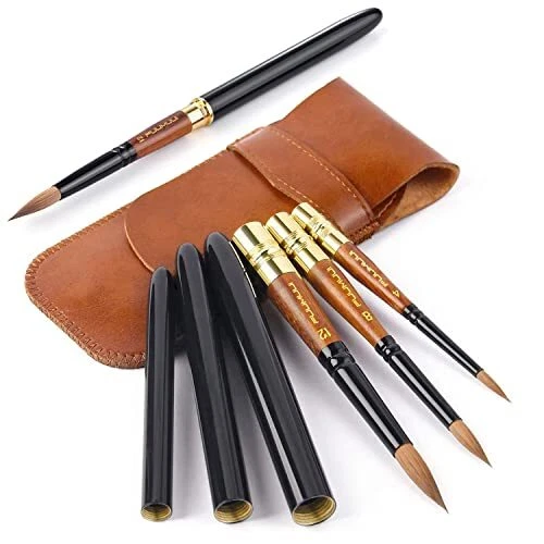 Kolinsky Travel Watercolor Brushes 3pcs Elegant Sable Pocket Size Leather Pouch