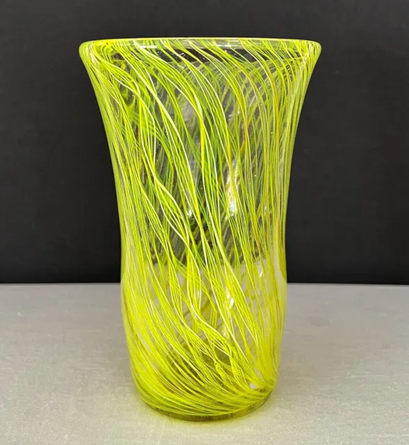 Rare Lime & Yellow String Hand Blown 6.5” Murano Art Glass Floral Vase Italy EUC