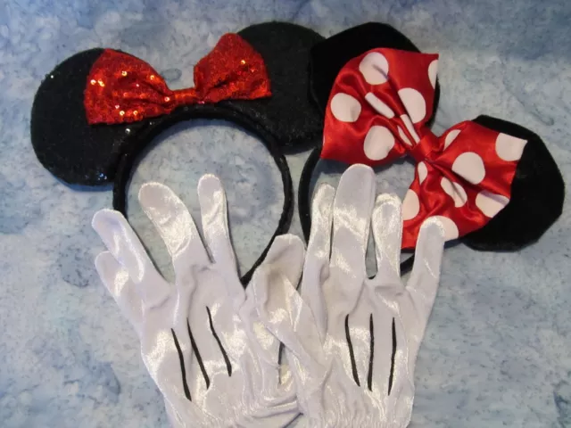 Two Minnie Mouse Headbands, And Pair Of White Mouse Gloves (For Child Or Teen)
