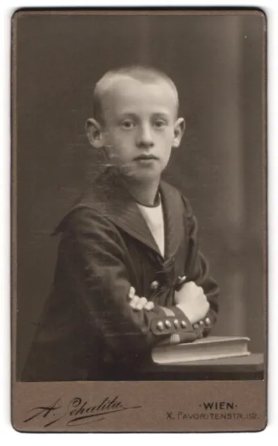Photography A. Schalita, Vienna, Favoritenstr. 112, boy in sailor shirt with verse