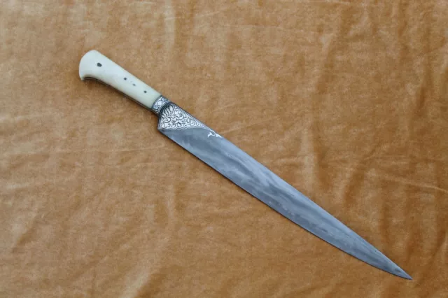 old vntg. antique silver inlaid old Damascus blade kard dagger knife bone handle