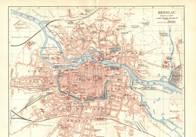 Breslau, alter historischer Stadtplan mit Register, Lithographie um 1900 (L102)