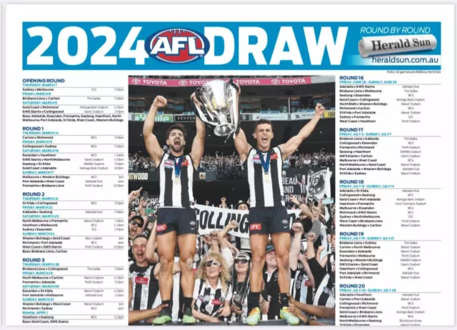 2024 Afl Football Matches Fixture Teams,Pies,Cats, Dogs, Crows, Power,Blues, 3