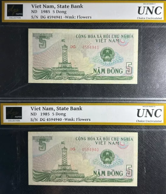 1985 Vietnam 5 Dong  banknote AUNC 2Pcs(+FREE 1 B.note) #24899 2