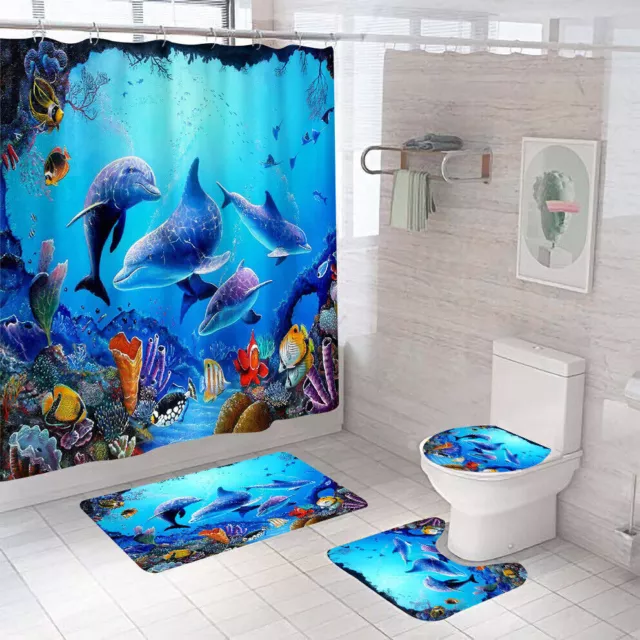 Dolphin Shower Curtain Bathroom Rug Set Bath Mat Non-Slip Toilet Lid Cover