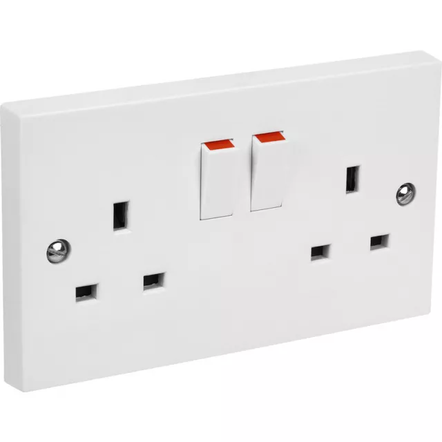 2 Gang Double 13A Wall Switch Switched Socket Plug White Plastic Square Indoor