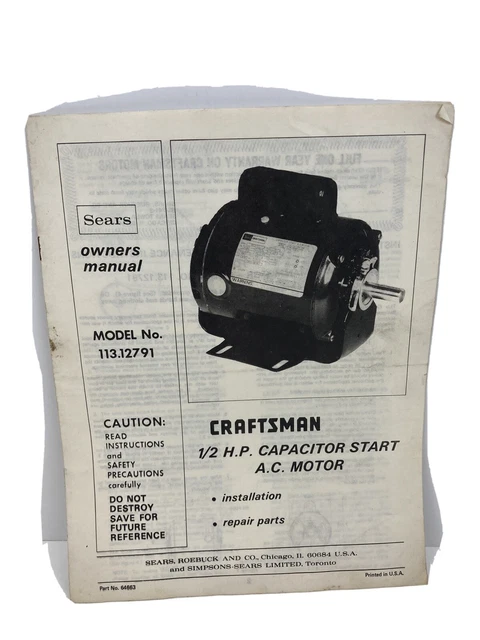 Sears Roebuck Craftsman 1/2 HP Libro manual de arranque de condensador motor de CA 113.12791