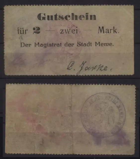 [17242] - NOTGELD MEWE (heute: Gniew), Stadt, 2 Mark, o. D. (1914). Dießner 233.