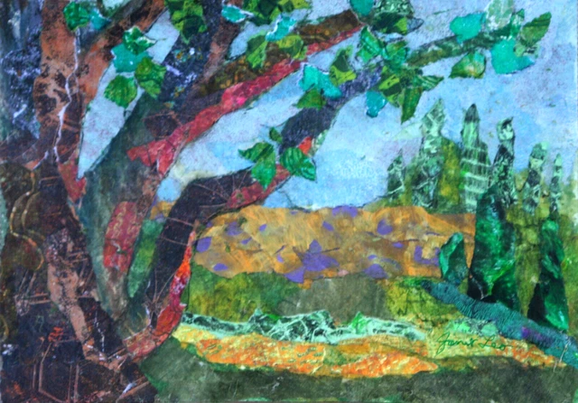JANET LEO  sfa   ORIGINAL MIXED MEDIA  collage VALLEY OF THE TREES  landscape
