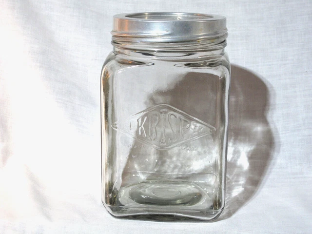 Antique Glass Jar Circa 1917 Large 3 Qt REKRISPER Aridor SQUARE Origl Lid MARKED