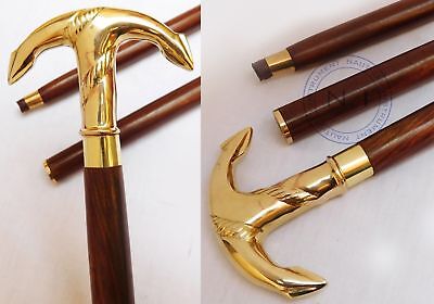 Navy Solid Brass Brown Wooden Walking Cane Brass Anchor  Head Handle Stick Gift