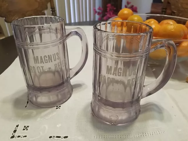 (2) Vintage Glass MAGNUS Root Beer Mug - aged purple 1900s