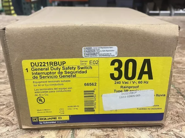 DU221RBUP Square D 30 Amp 240V 2 Pole Nema 3R Outdoor Rated Disconnect Switch
