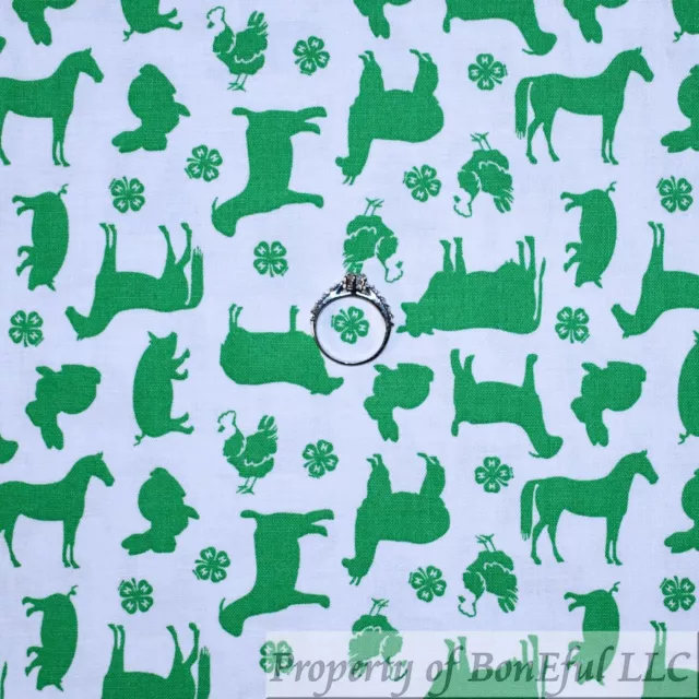 BonEful Fabric FQ Cotton Quilt Green White 4H Club Print Clover Farm Horse Sheep
