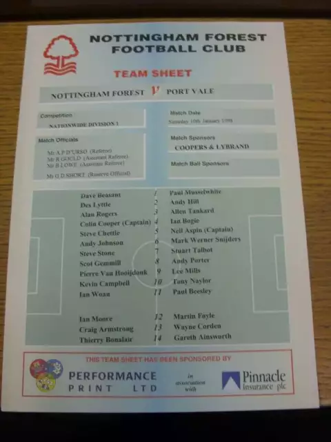 10/01/1998 Colour Teamsheet: Nottingham Forest v Port Vale (folded). If this ite