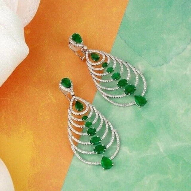4Ct Pear Cut Simulated Green Emerald Drop Dangle Earrings 14K White Gold Plated