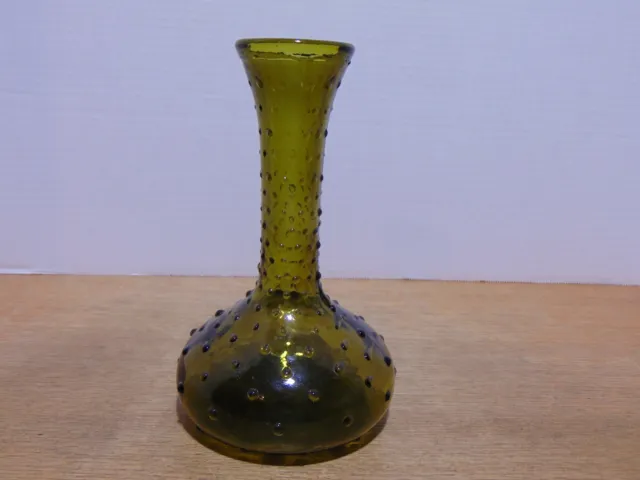 Rossini Olive Green Glass Hobnail Vase Made In Italy 7 1/2"