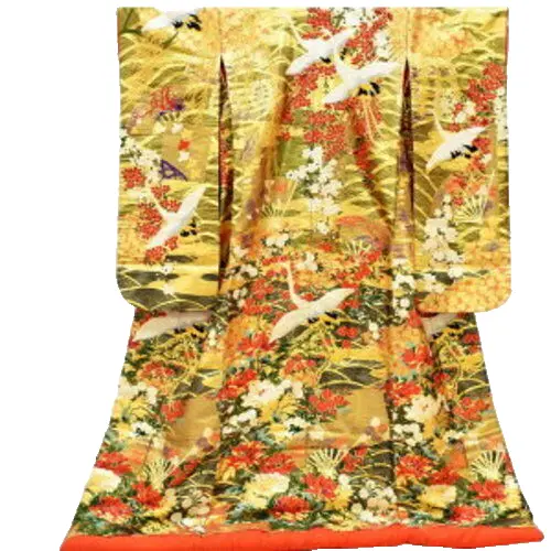 Japanese Kimono Uchikake Wedding Silk Gold Crane Flower Embroidery Gorgeous