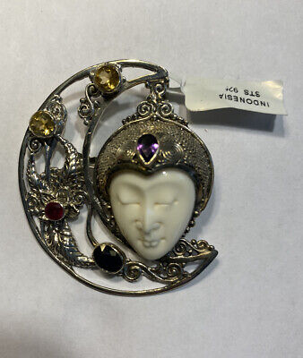 925 Sterling Silver Gemstone Multi-Colored Bone Face / Bali  Goddess Pendant