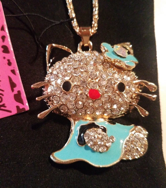 Hot Cute Blue Enamel Cat Kitten Crystal Betsey Johnson Pendant Sweater Necklace